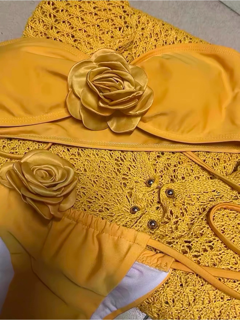 3pcs Yellow Floral Bandeau Bikini Top with Crochet Sarong Set